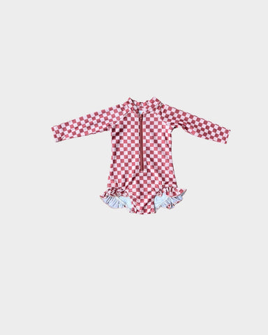 Strawberry Pink Checkered Girl's One-Piece Rashguard swimsuit