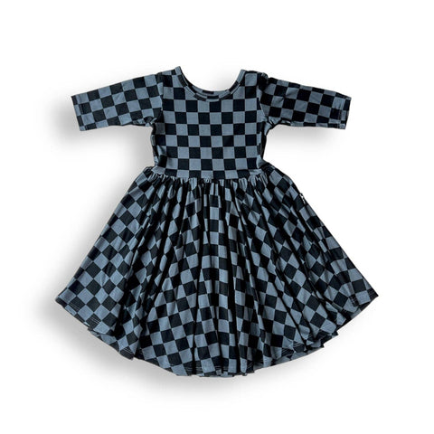Grey & Black Checkered mid sleeve bamboo twirl dress