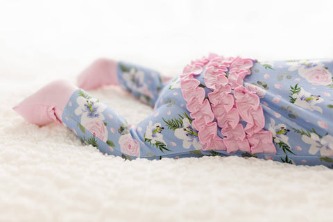 "Lillian" Blue * Pink Floral Bamboo Ruffle Convertible Footie - Preemie size