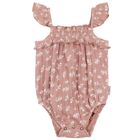 Desert Rose Pink Leaves Organic Muslin Sleeveless Bodysuit/Romper by Loved Baby