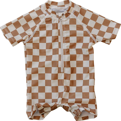 Rust Checkered Zipper Swim suit by Mebie Baby