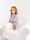 "Lillian" Blue * Pink Floral Bamboo Ruffle Convertible Footie - Preemie size