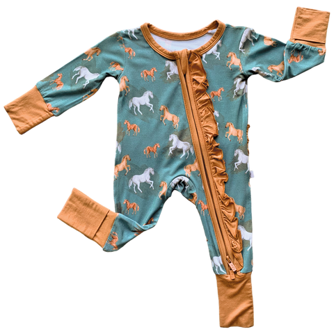 "Ember" Teal  Horse Print Bamboo Ruffle Convertible Footie: Preemie Size