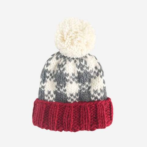 Buffalo Check  Red & Gray Hand Knit Kids & Baby Hat By Blueberry Hill