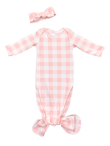 Pink Blush "Sunday Picnic" gingham Knotted Gown & bow Set