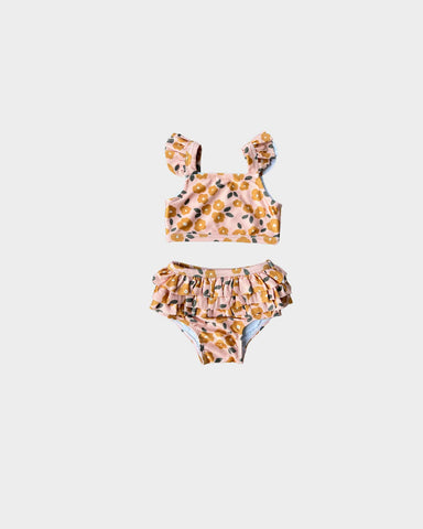 Gold Floral Girl's Two-Piece Ruffle Swim Set