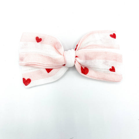 Valentine Striped Heart Gauze Bow (clip or Headband Option)